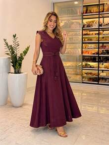 Sensorial Marrante Long Midi Dress, Sleeveless Evangelical Chemise Dress, Solid Marsala Color, For Women, Autumn, Navy Blue - Gỗ đỏ - Xem 2
