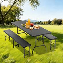 1.80m Folding Picnic Table With 2 Benches, 3-Piece Camping Set, HDPE Tree Pattern Tabletop, Locking Mechanism, UV And Water Resistant, Black - A - 查看 1