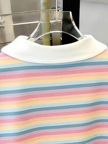 Cute Rainbow Striped Women Short Sleeve Polo Shirt, White Collar, Sweet Heart Pattern - Baby Pink - View 4