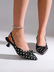 1 Pair Women's Retro Polka Dot Bow Decor Summer High Heel Sandals, Adjustable Elastic Elegant Pointed Toe Shoes Suitable For Party And Daily Wear - Black - View 4