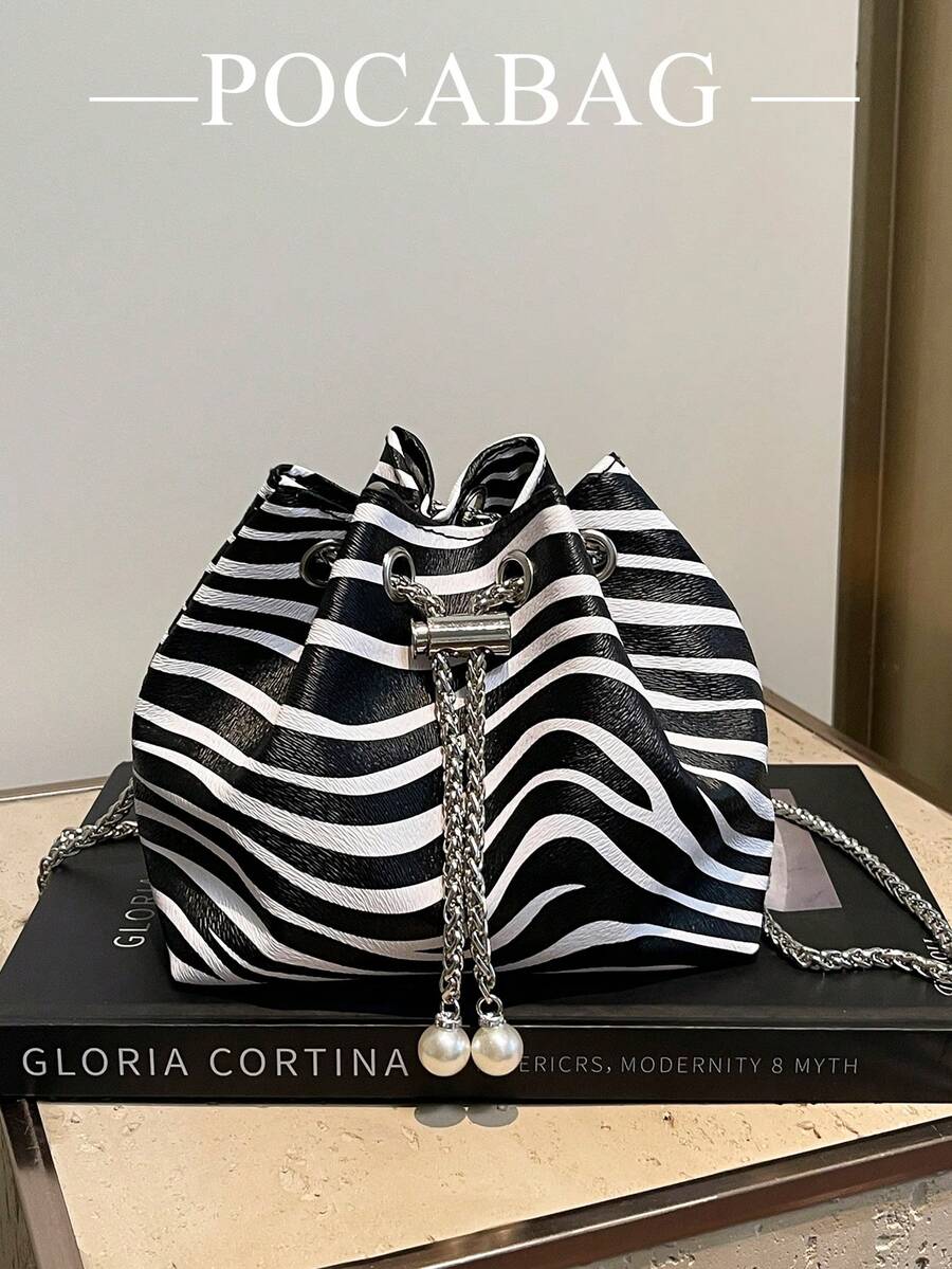 Zebra Print Fashion New One Shoulder Diagonal Handbag, Briefcase, Office Commute Bag, Drawstring Bucket Bag, Minimalist Stylish Metal Chain Shoulder Bag