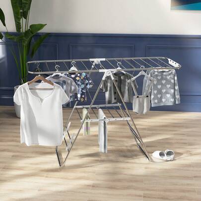 HOMCOM 2-Tier Clothes Drying Rack, Stainless Steel Foldable Laundry Rack With Adjustable Wings And Shoe Holders, Space Saving, Silver