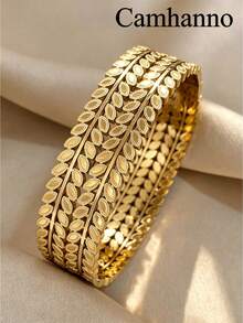 Camhanno 1pc European And American Style Engraved Wide Bracelet For Women, 304 Stainless Steel Vacuum Electroplated, Hypoallergenic, Suitable For Daily Stacking, Work Commute, Party Wear - Gold - View 1