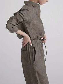 Women's Casual Solid Color Lapel Long Sleeve Jumpsuit Spring Elegant - Grey - View 3
