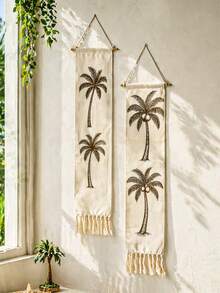 1 tấm thảm treo tường phong cách Boho nhiệt đới in hình cây cọ, thảm tua rua dọc hẹp, thích hợp trang trí phòng ngủ, phòng tắm, phòng khách (số lượng tua rua ngẫu nhiên) - Nhiều màu - Xem 2