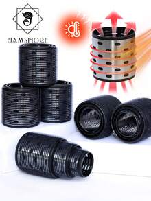 Jamshore 6pcs/Set Ceramic Thermal Black Hair Rollers Aluminum Core Hook & Loop Air Bang Self-Adhesive Fast Heating Magic Sleep Volume Curl Bar Damage-Free Styling - Black - View 4