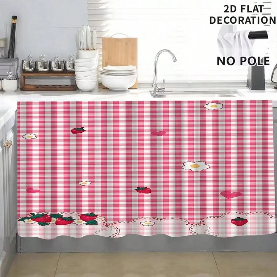 1pc Strawberry Pattern Printed Tablecloth, Kitchen Small Curtain, Cabinet Curtain With Curtain Holes, Easy To Hang, 100% Polyester, Rectangular, Woven, Machine Washable, Kitchen Decor And Accessories, Suitable For Kitchen Cabinet And Home Decoration - Multicolor - View 1