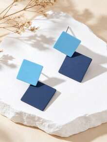 Two Tone Square Drop Earrings - Blue - View 4