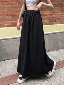 Rok Panjang Kasual Wanita Warna Polos, Pinggang Tinggi, Tali Serut Longgar, Warna Hitam, Musim Semi/Panas - Hitam - View 2