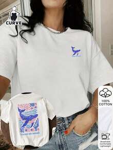 Plus-Size Women's Casual Whale Print 100% Cotton Short-Sleeved Top, Graphic T-Shirt, Soft Fabric, Cotton Clothing, Outdoor Wear, Printed Pattern, Summer T-Shirt, Women's T-Shirt, Blouse, Summer Top, Vacation Outfit, Travel Style, Beach Flair, Minimalist Resort Wear, White - White - View 3
