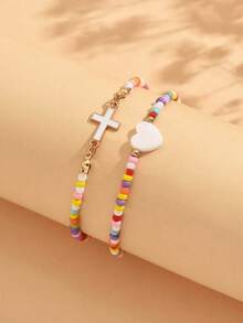 2pcs/Set Summer Casual Versatile Colorful Beaded Heart & Cross Decor Bracelet, Fashion Jewelry For Women, Suitable For Daily Wear And Party, The Color And Quantity Of Beads Are Random - Multicolor - View 3