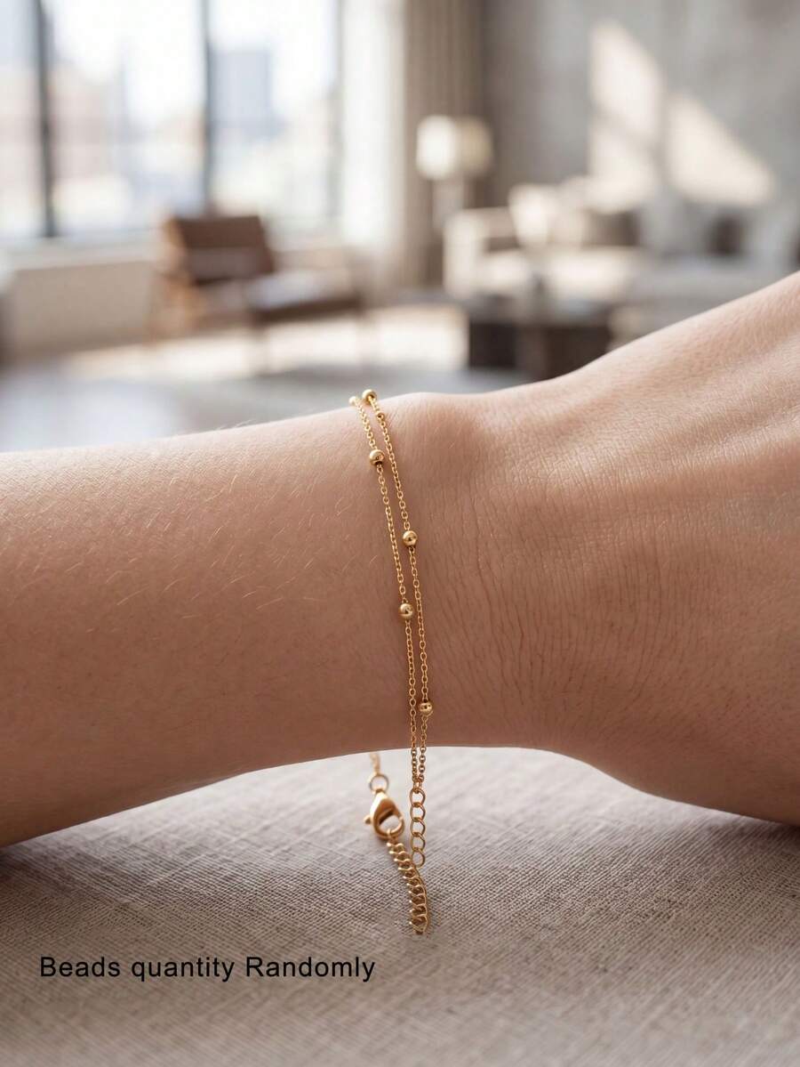 1 chiếc vòng tay hạt cườm hai lớp, vòng tay dây xích tối giản màu vàng, thích hợp để đeo hàng ngày. - Vàng - Xem 1