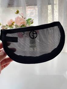 Giorgio Armani Black Mesh Cosmetic Bag, With Gold Zipper Transparent Makeup Pouch Featuring Logo, Breathable Mesh Design For Quick Access, Compact Crescent Shape Design For Storing Lipsticks, Skincare Samples And Small Daily Necessities, Lightweight Durable Material Easy To Clean And Reuse, Suitable For Travel, Work, Beach And Daily Use, Multifunctional Makeup And Accessory Storage, Minimalist Fashionable Appearance, Ideal Gift For Makeup Lovers, Fashion Enthusiasts And Friends - Black - View 7