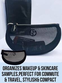 Giorgio Armani Black Mesh Cosmetic Bag, With Gold Zipper Transparent Makeup Pouch Featuring Logo, Breathable Mesh Design For Quick Access, Compact Crescent Shape Design For Storing Lipsticks, Skincare Samples And Small Daily Necessities, Lightweight Durable Material Easy To Clean And Reuse, Suitable For Travel, Work, Beach And Daily Use, Multifunctional Makeup And Accessory Storage, Minimalist Fashionable Appearance, Ideal Gift For Makeup Lovers, Fashion Enthusiasts And Friends - Black - View 3