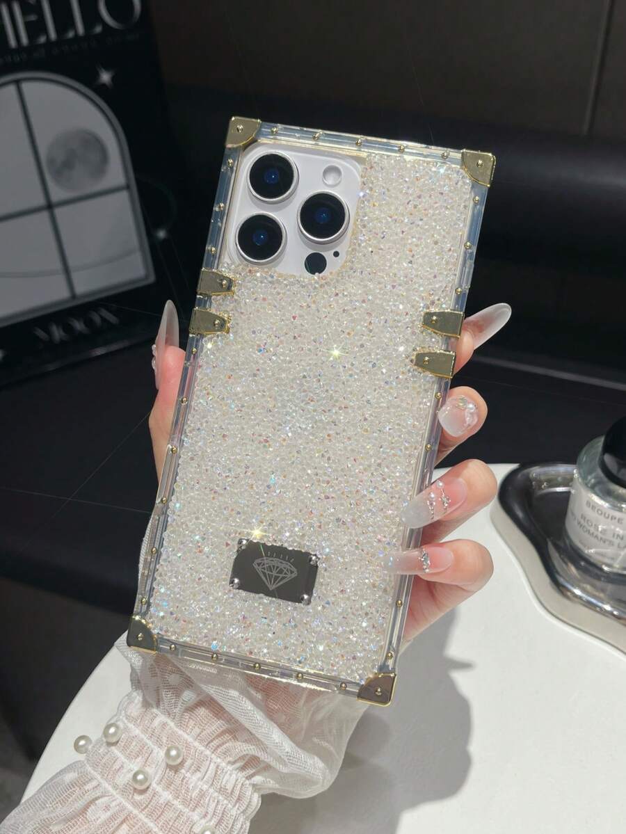 1pc White AB Rhinestone Shockproof Transparent Electroplated Phone Case Suitable For IPhone 17/16 Pro Max/13/14/17 Pro Max