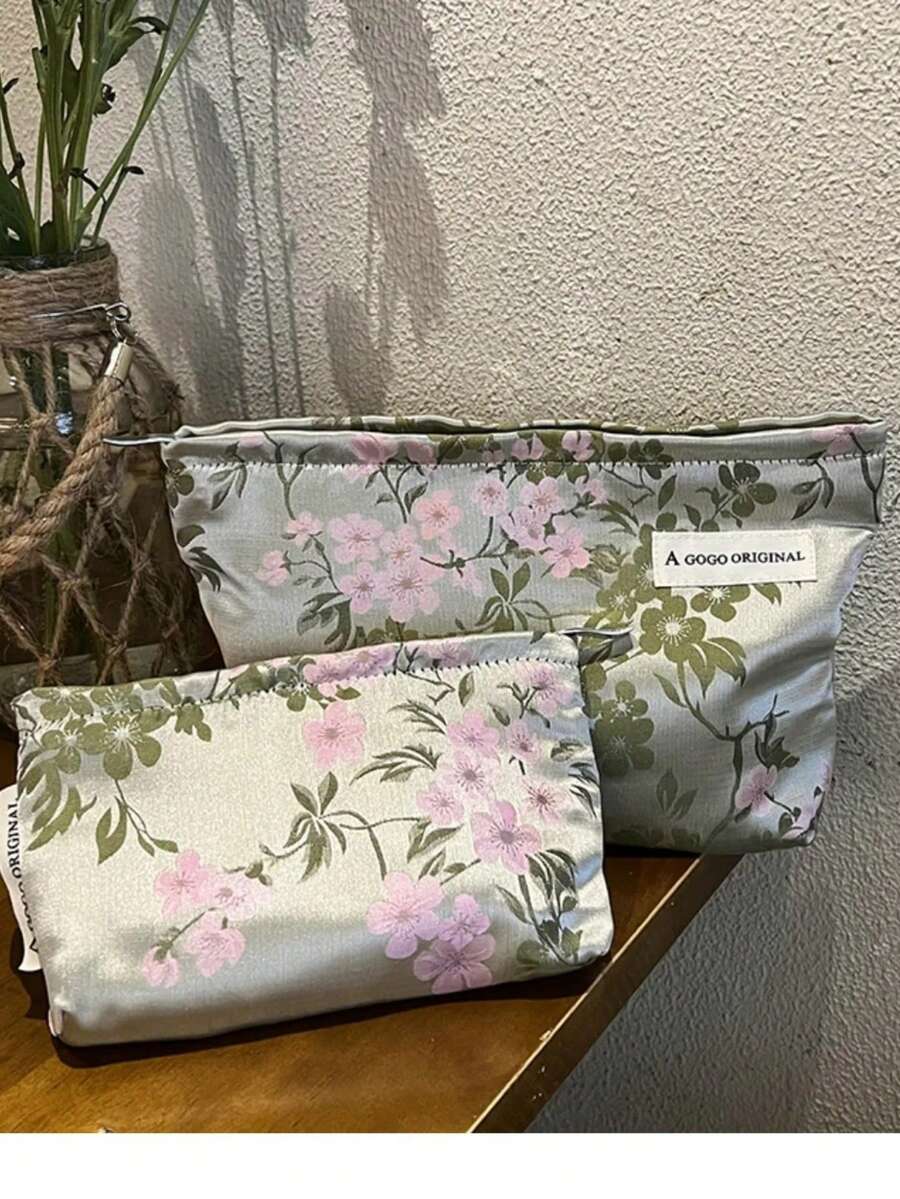 Nueva bolsa de cosméticos de estilo chino de satén, de gran capacidad, para almacenamiento portátil de productos de cuidado de la piel, soporte para tarjeta de identificación, bolso de mano - Multicolor - Ver 1