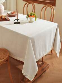 1pc Solid Color Faux Linen Tablecloth With Lace Tassel, Waterproof And Oil-Resistant Rectangular Tablecloth For Kitchen, Dining Room, Coffee Table, Decoration, Weddings, Gatherings, Birthday Parties - Off-white With Lace Trim - View 7