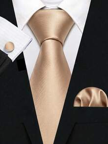 Men's Solid Color Necktie Set, Includes 8cm Necktie, Pocket Square, Cufflinks, Suitable For Business, Formal Occasions, Weddings And Parties - Champagne - View 3