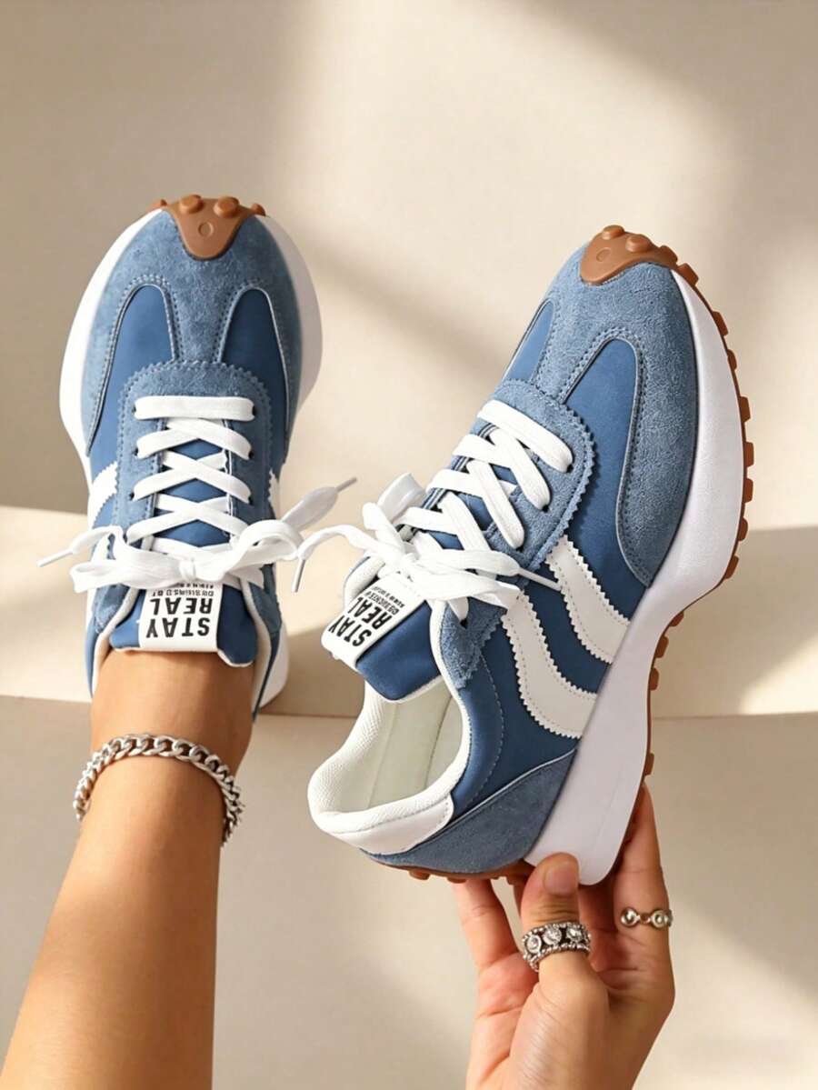 2026 New Retro Suede Sneakers Women, Blue White Casual Lace-Up Trainers, Comfortable Non-Slip Chunky Sole Running Shoes - Màu xanh lam - Xem 1