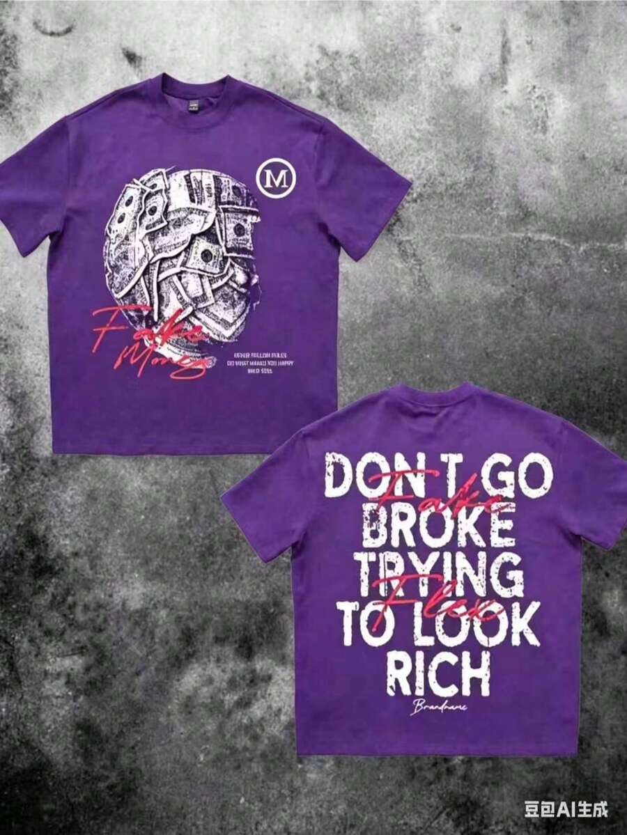 Money Graphic% Cotton Shirt Don'Go Broke Trying To Look Rich Statement Double Sided Streetwear 220gCasual Short-Sleeve-Shirts Men And Women - 紫色 - 查看 1