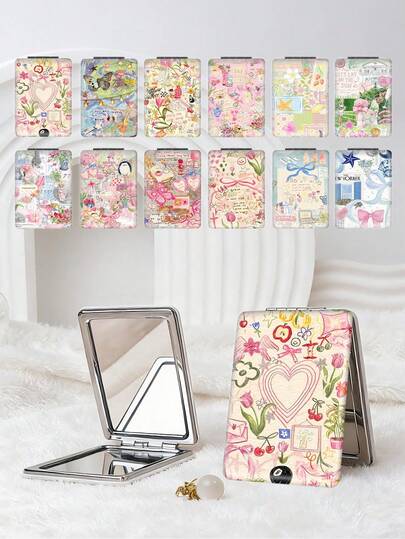 1 chiếc gương trang điểm nhỏ gọn phong cách Y2K, có thể gập lại, nhẹ và cầm tay, chất liệu da PU bền, đa năng, hình chữ nhật, bỏ túi tiện dụng với thiết kế họa tiết graffiti, trái tim, hoa, anh đào, bướm độc đáo, cấu trúc có thể gập lại, đáng tin cậy, chống trầy xước, gương trang điểm cầm tay tiện lợi với nắp gập hai mặt 180°
