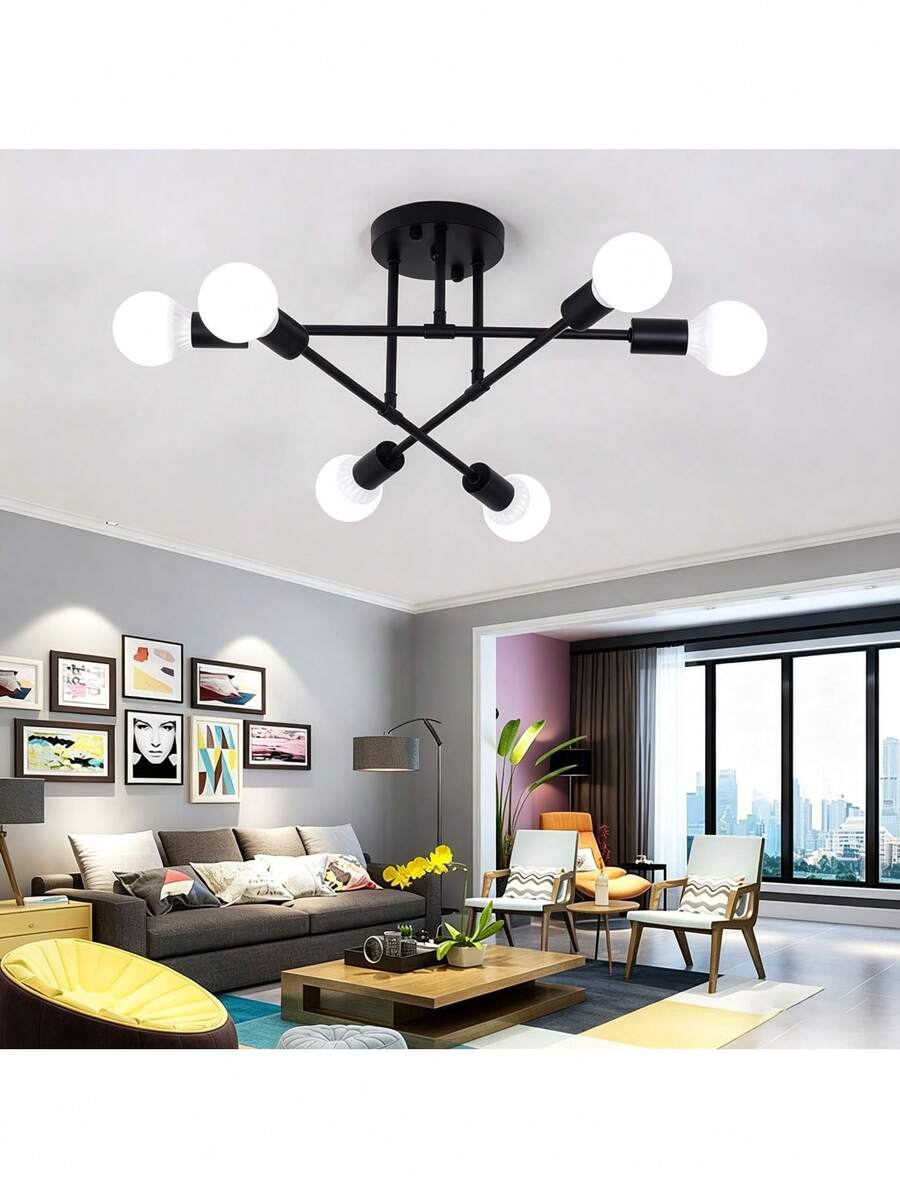 Modern Ceiling Lamp, Simple Six-Light Chandelier, Suitable For Living Room, Dining Room, Kitchen And Office (Bulb Not Included) - Black - View 1