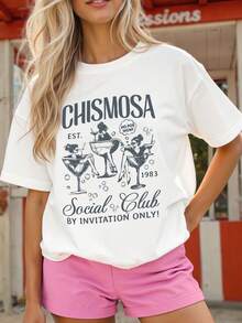 Camiseta casual de manga corta con cuello redondo y estampado de letras para mujer de - Blanco - Ver 1