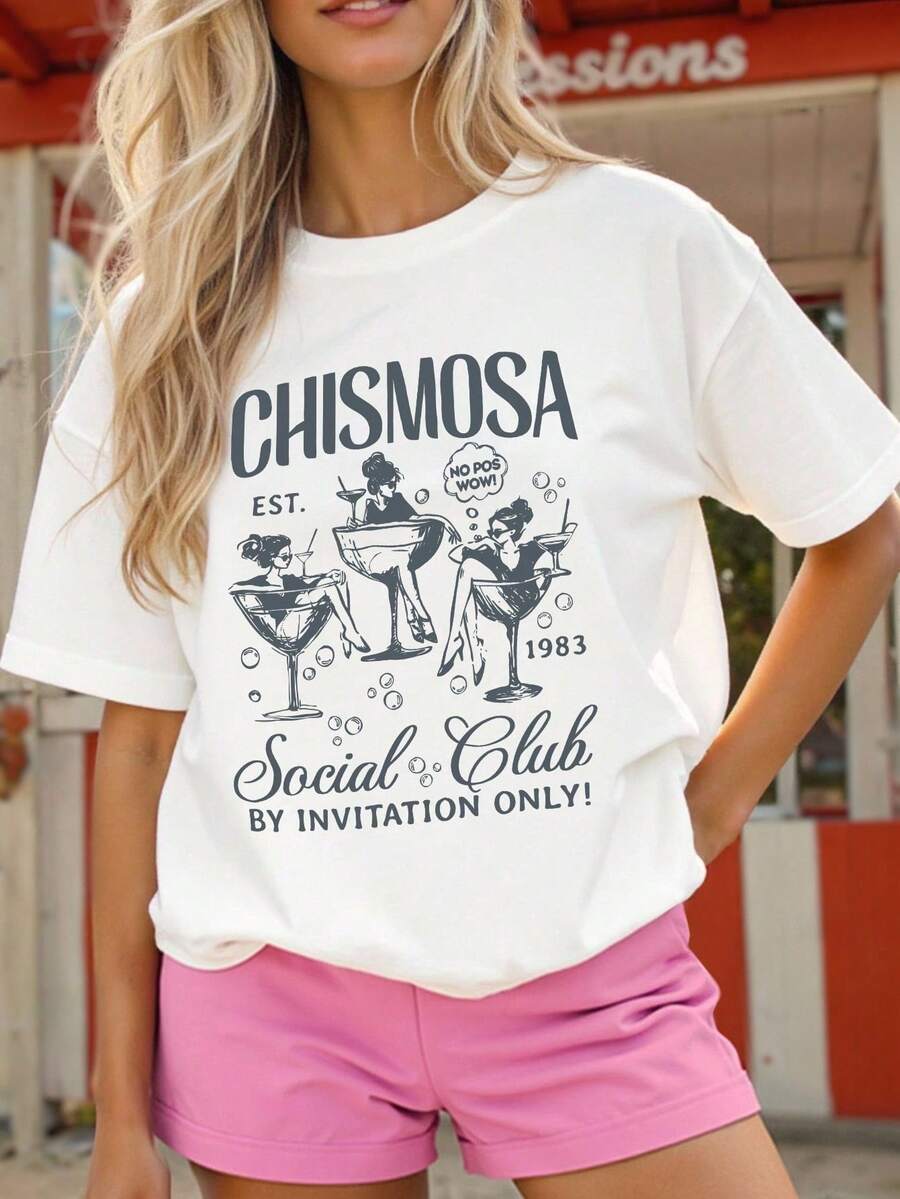 Camiseta casual de manga corta con cuello redondo y estampado de letras para mujer de - Blanco - Ver 1