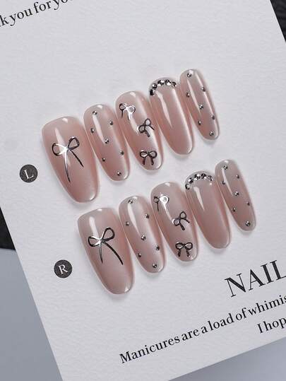 10 szt. nakładek na paznokcie w kształcie migdałów w kolorze nude pink cat eye, ręcznie robione, błyszczący efekt kociego oka z kryształkami, wykończenie jak w salonie, odpowiednie do pracy, biura i na imprezę