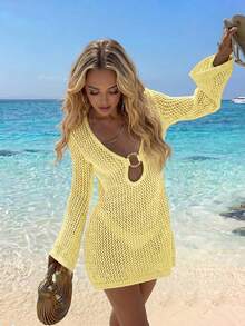 Women's Solid Color Sexy Hollow Out Transparent Metal Ringed Design Long Sleeve Beach Cover Up Crop Top Mini Dress, Summer Vacation Yellow - Light Yellow - View 6