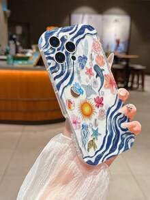1pc Fashionable Personalized Full-Screen Striped Ocean Element Turtle, Starfish, Coral, Flower, Sun, Wave Pattern Phone Case, Wavy Cream TPU Material Phone Protective Cover, Suitable As Holiday Gift Compatible With Apple XS/XS Max/XR/11/12/13/14/15/15 Pro/16 Pro/16 Pro Max/16 Plus/17 Series And Other Models - Multicolor - View 3