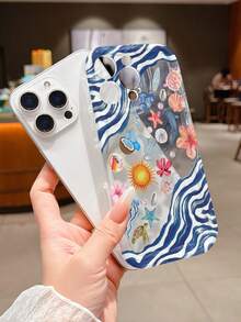 1pc Fashionable Personalized Full-Screen Striped Ocean Element Turtle, Starfish, Coral, Flower, Sun, Wave Pattern Phone Case, Wavy Cream TPU Material Phone Protective Cover, Suitable As Holiday Gift Compatible With Apple XS/XS Max/XR/11/12/13/14/15/15 Pro/16 Pro/16 Pro Max/16 Plus/17 Series And Other Models - Multicolor - View 2