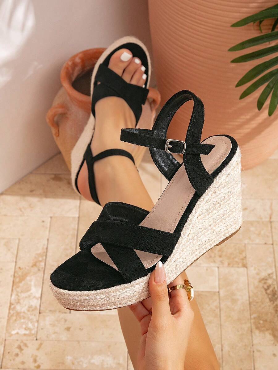 New Straw Wedge Black Sandals For Women, Spring/Summer Outdoor Vacation Style Strap Rope Thick Platform Roman Sandals