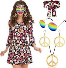 Disfraz Hippie de Los Años 60 y 70, 6 Piezas Conjunto de Hippie para Mujer, Traje Discoteca, con Diadema, Collar, Aretes y Gafas de Sol, Disfraz para Halloween - Floral - Ver 1