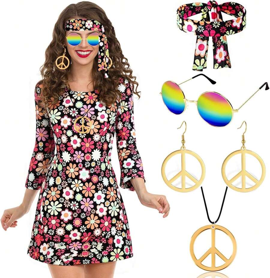 Disfraz Hippie de Los Años 60 y 70, 6 Piezas Conjunto de Hippie para Mujer, Traje Discoteca, con Diadema, Collar, Aretes y Gafas de Sol, Disfraz para Halloween - Floral - Ver 1
