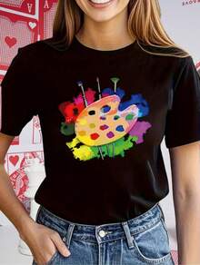 Camiseta de manga corta con cuello redondo para mujer, con estampado de bandeja. - Negro - Ver 3