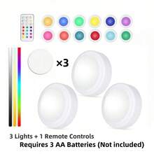 LED Round Light With Remote Control, 13 Color Modes Under Cabinet Wireless, Battery Powered Stick-On Dimmable Push Light For Closet/Shelf/Wall (1/3/6 Pack) - Multicolor - View 14