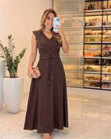 Sensorial Marrante Long Midi Dress, Sleeveless Evangelical Chemise Dress, Solid Marsala Color, For Women, Autumn, Navy Blue - 鏽棕色 - 查看 2