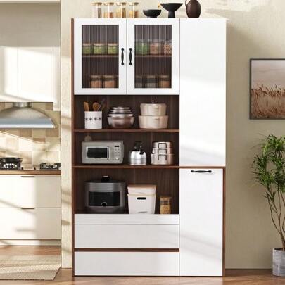 Highboard With Verstellbaren Regalböden And Schubladen, Buffetschrank Mit Ausziehbaren Regalböden And Riffelglas, Ideal For Esszimmer, Wohnzimmer Und Küche (Weiß+Nussbaum)