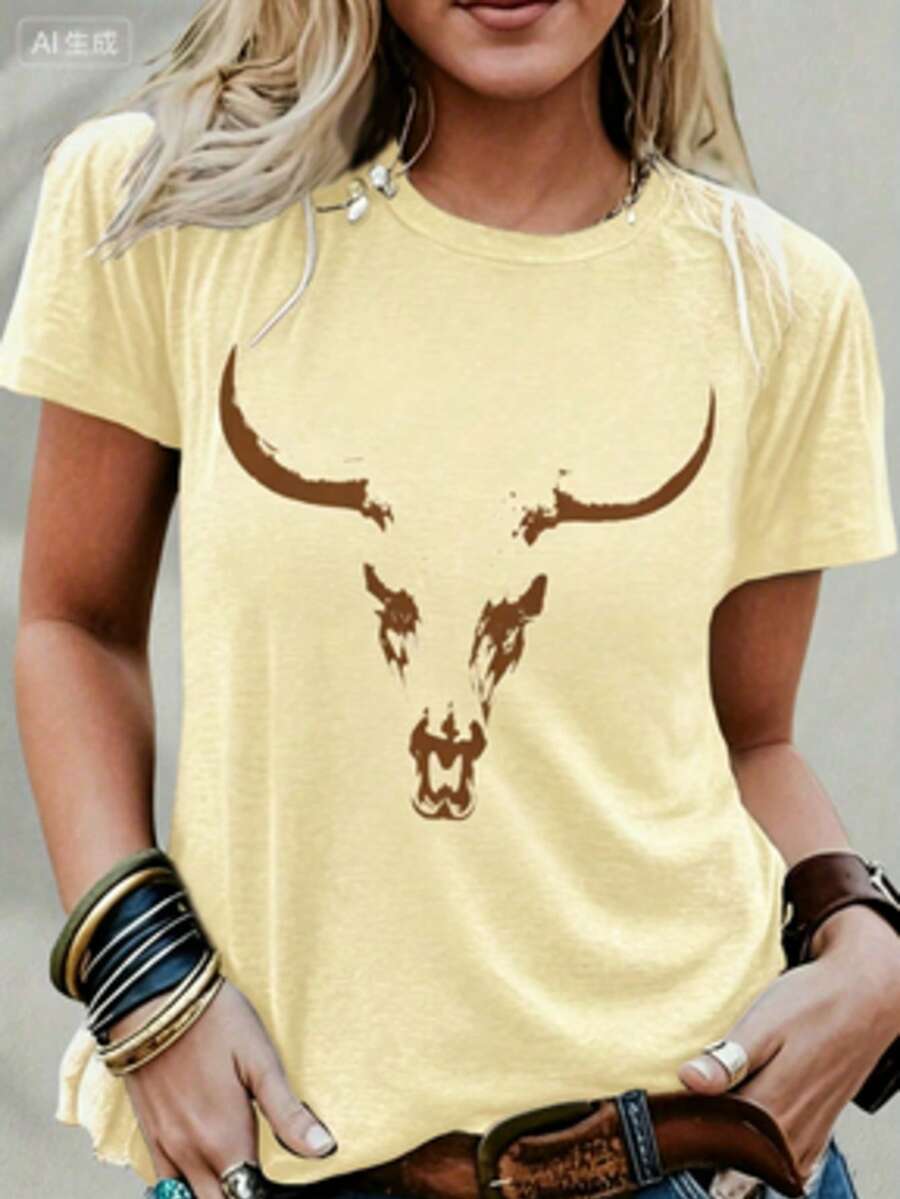 Bullhead Pattern T-Shirt - A Cutting-Edge Choice For Festival Enthusiasts And Bohemian Style Lovers - Fashionable Cowgirl Vibe - Soft Pure Cotton Material New Casual T-Shirts For Men And Women - 黃色 - 查看 1