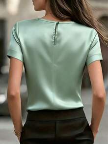 Women's Elegant Round Neck Satin Short Sleeve Blouse, Suitable For Spring And Summer - Green - View 2