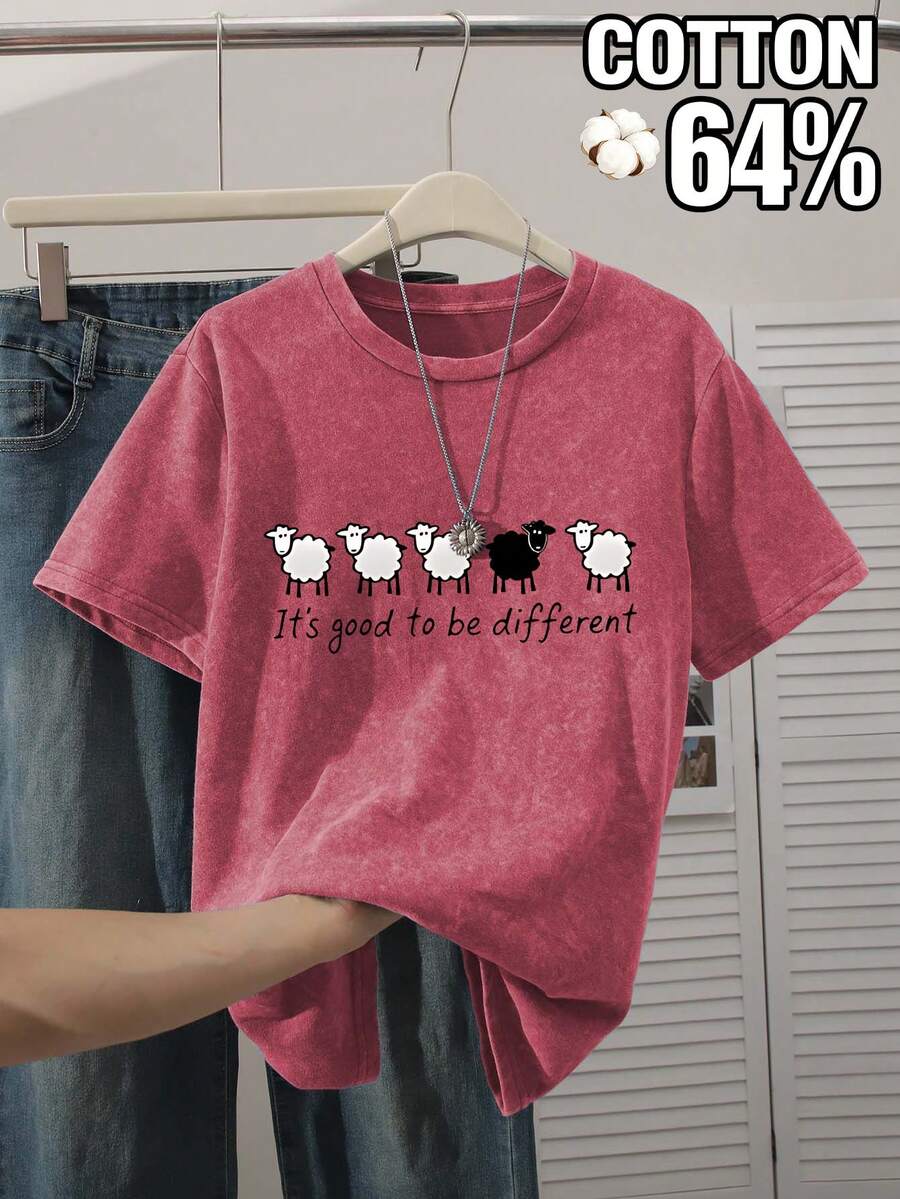 Plus Size Women Loose Vintage Acid Wash Round Neck T-Shirt, Multi-Sheep Print, Versatile & Slimming For Summer Red - Red - View 1