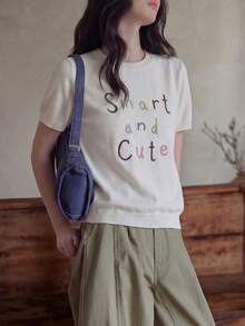 Blusa de punto de manga corta con diseño de letra casual y linda de cuello redondo para mujer, de verano - Beis - Ver 4