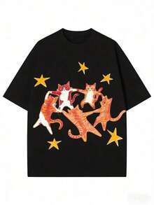 Camiseta De Verano Estilo Y2K Nueva Hip-Hop Con Estampado De Gato Bailando Y Estrella, Camiseta Retro Unisex, Fresca, VersáTil, CóModa Y Holgada De Manga Corta De Verano 2P7U - Negro - Ver 4