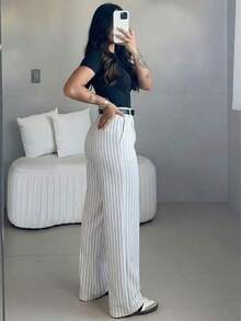 anchos de cintura alta y ajuste delgado para mujer, estilo callejero bohemio, adecuados para uso casual, ir al trabajo y vacaciones en primavera/verano en color blanco - Blanco 2 - Ver 2