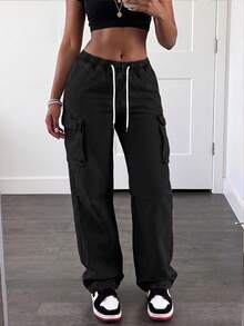 Women's High Waist Cargo Jeans With Ripped Detail, Retro Street Style, Versatile Denim Pants - Black 2 - View 3