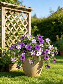 2 pièces Fleurs de pétunias artificielles violettes pour la décoration extérieure, fleurs en soie fausse résistantes aux UV pour la décoration de la maison, du jardin, du balcon, de la véranda et de la cour. Plantes artificielles réalistes pour le mariage, la fête, la décoration saisonnière de printemps, intérieure et extérieure - Multicolore - Voir 11