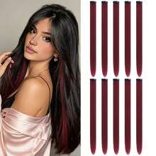10 PCS Burgundy Hair Extensions Clip In, 22 Inch Colored Hair Extensions Party Highlights Long Straight Synthetic Hairpieces For Women Cosplay - Burgundy - View 8
