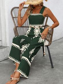 Women's Vacation Casual Sleeveless Printed Wide Leg Jumpsuit - 墨綠色 - 查看 5