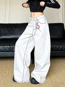 1pc Women's American Street Style Vintage Wide Leg Loose Minimalist All-Season Denim Jeans Long Pants Casual White - White - View 5